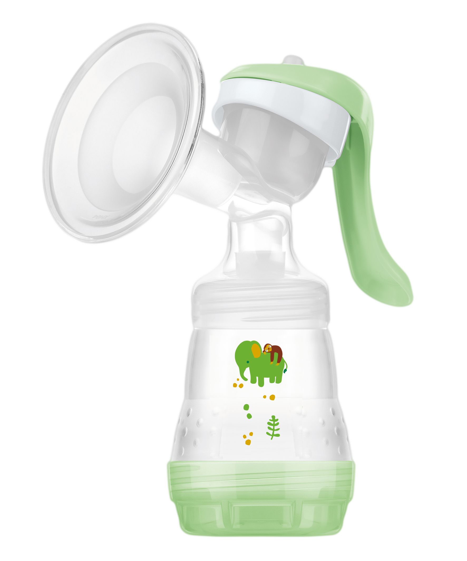 MAM Handmilchpumpe. Transparent, grün und weiß. Besteht aus Trichter, Flasche und Griff. Mit Elefanten-Motiv.