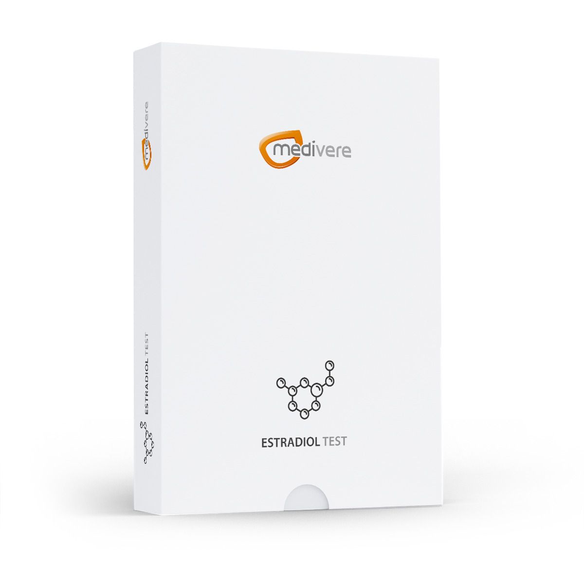 Weiße Produktverpackung mit Logo und Aufschrift: Estradiol Test. Das Logo ist orange. Das Produkt ist von medivere.