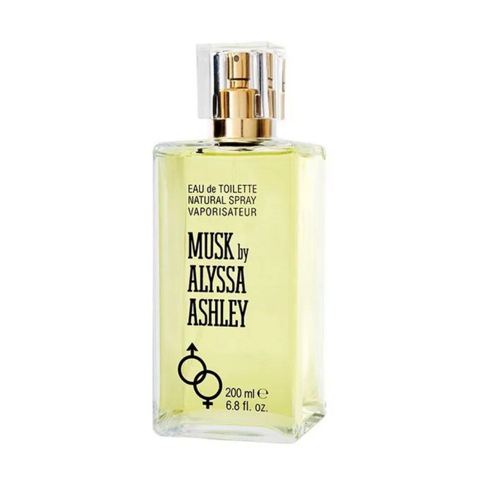 Alyssa Ashley Musk Eau de Toilette Spray. Rechteckige Flasche mit gelber Flüssigkeit, schwarzer Schrift.