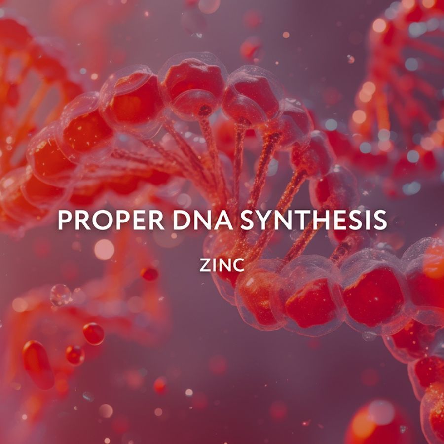 Text: PROPER DNA SYNTHESIS, ZINC. Hintergrund: Rotes, abstraktes Bild einer DNA-Doppelhelix.