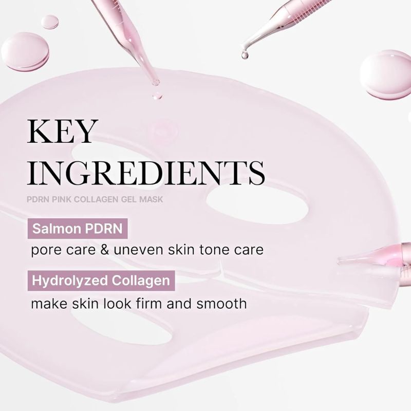 Medicube PDRN Pink Collagen Gel Mask mit Pipetten und Tropfen, Schlüsselzutaten hervorgehoben.