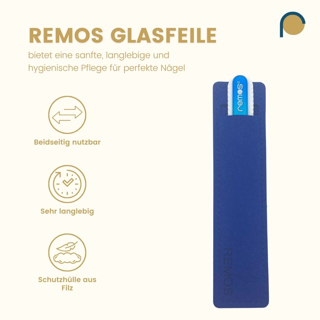 Glasnagelfeile mit blauem Griff in einem blauen Etui. Text: REMOS Glasnagelfeile, beidseitig nutzbar, sehr langlebig, Schutzhülle aus Filz.