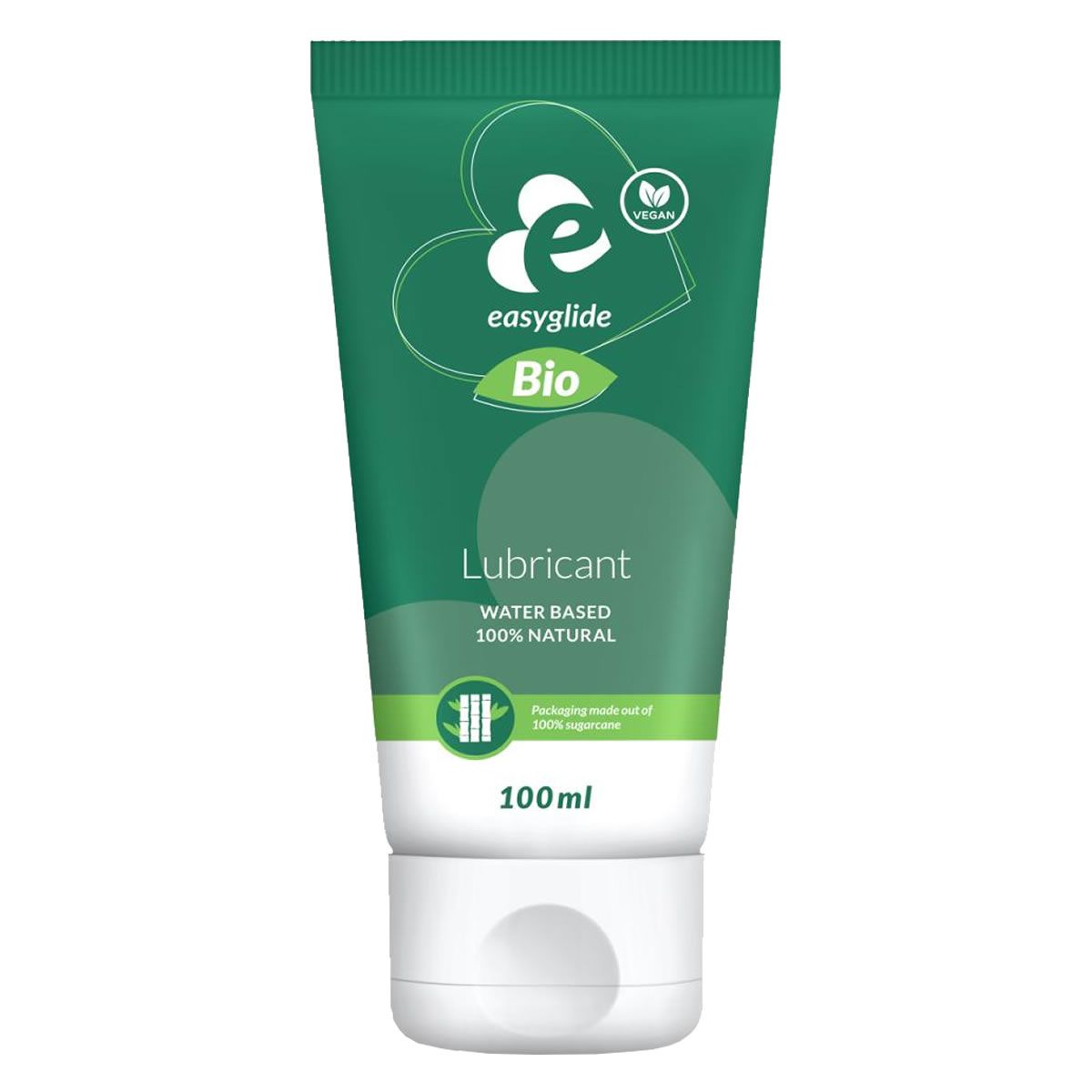 Grüne Tube mit weißem Verschluss. Aufschrift: Easyglide Bio Lubricant. Vegan-Siegel. Wasserbasiert, 100% natürlich. 100ml.