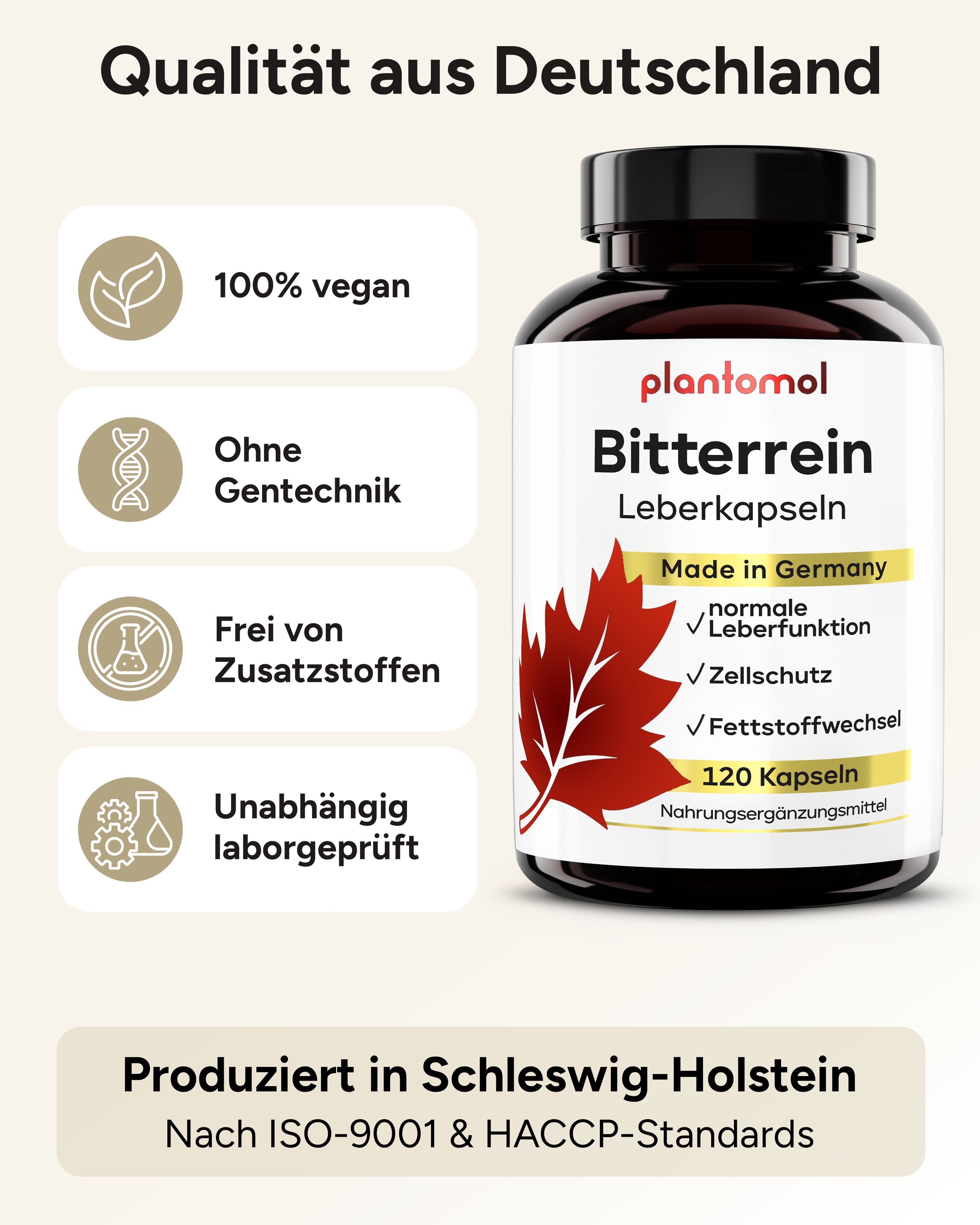 plantomol® Bitterrein Leberkapseln, schwarze Flasche. 100% vegan, ohne Gentechnik, ohne Zusatzstoffe, laborgeprüft. Made in Germany.
