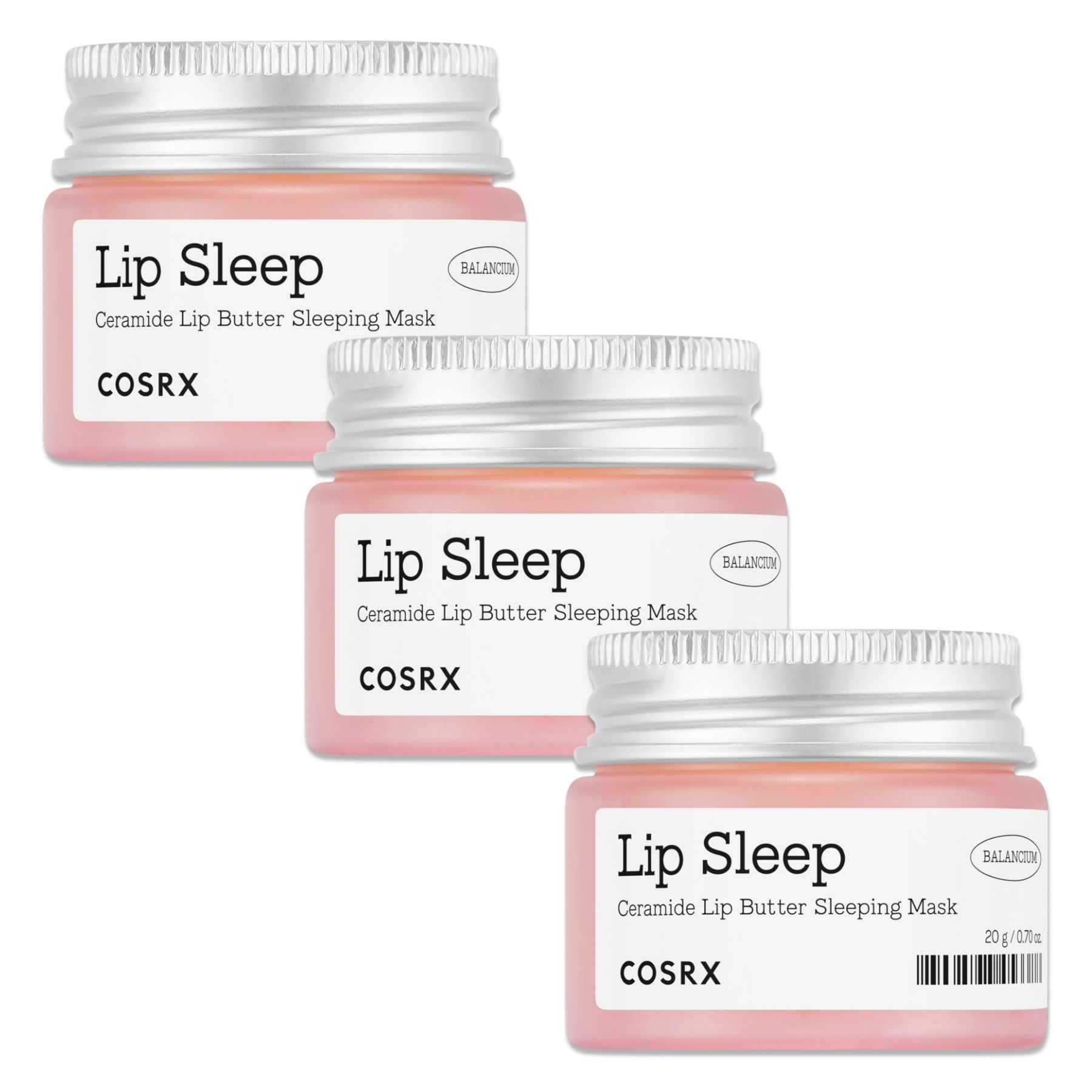 Drei rosa Tiegel mit silbernen Deckeln. Aufschrift: Lip Sleep, Ceramide Lip Butter Sleeping Mask, COSRX.