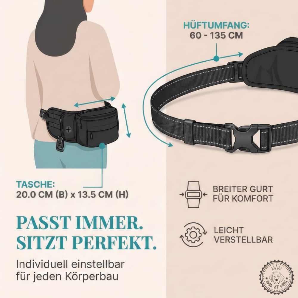 Schwarze Bauchtasche mit Maßen: 20,0 cm (B) x 13,5 cm (H). Hüftumfang: 60-135 cm. Breiter Gurt für Komfort. Individuell einstellbar.