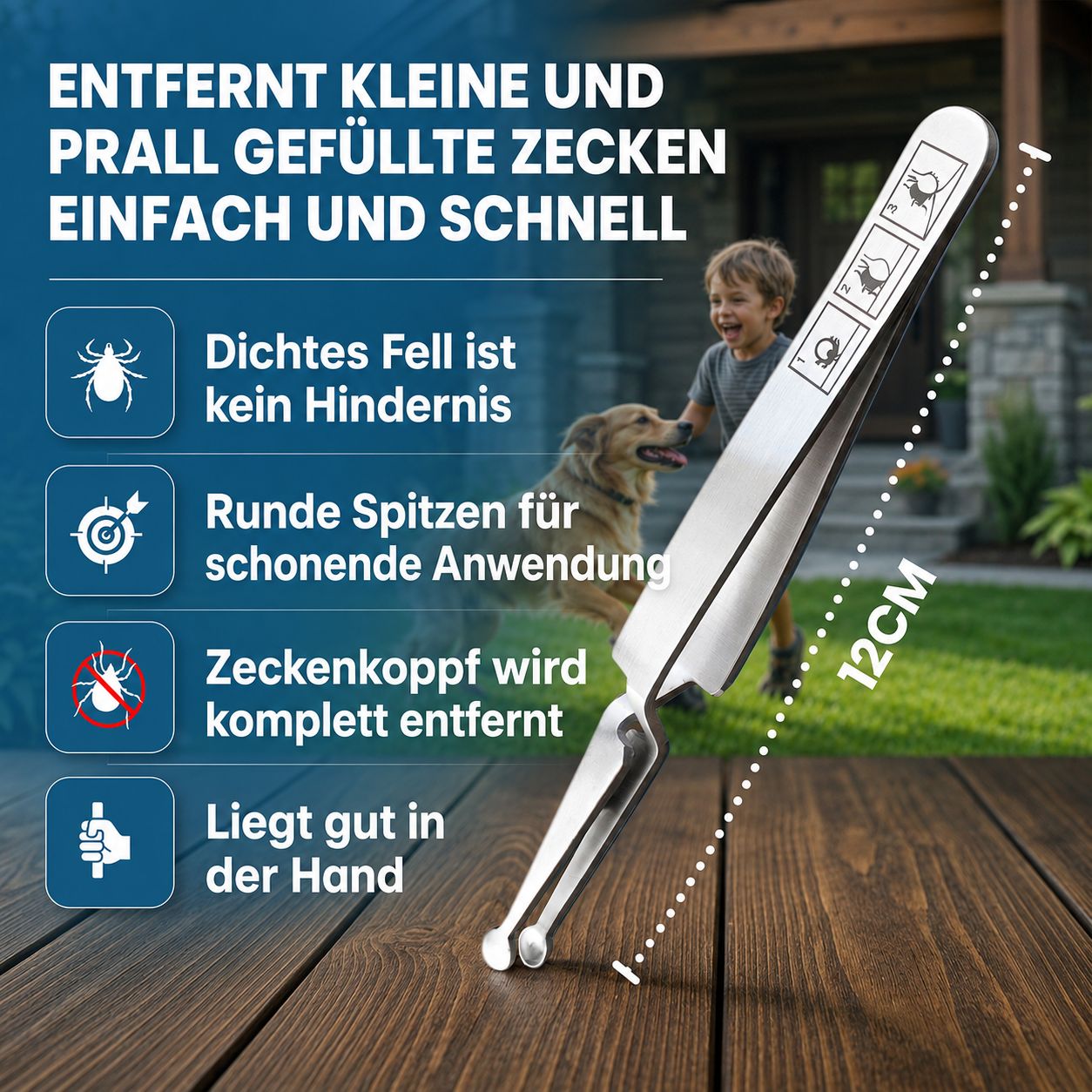 Zeckenzange, 12cm, mit Kreuzgriff. Entfernt Zecken. Runde Spitzen. Text: Entfernt Zecken einfach und schnell.