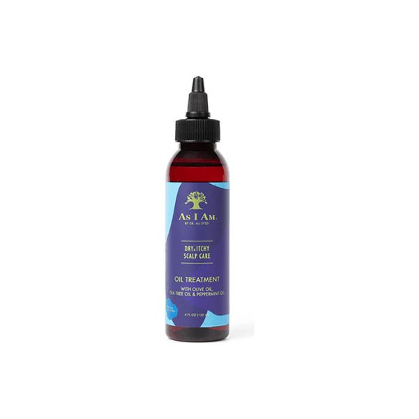 Flasche mit Ölbehandlung. Aufschrift: Dry, Itchy Scalp Care. Mit Olivenöl, Teebaumöl und Pfefferminzöl.