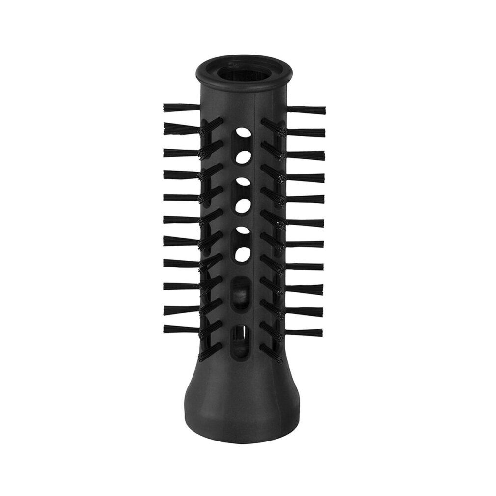 Schwarzer Bürstenaufsatz für Haarstyler. Zylindrische Form mit Borsten.