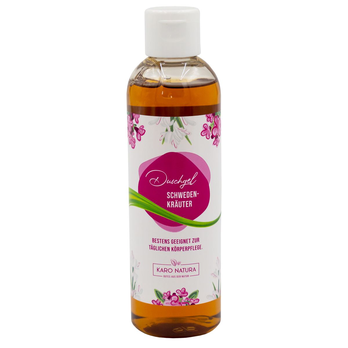 Klare Flasche Duschgel mit weißem Deckel. Etikett mit pinkem Kreis, Text und floralen Elementen. Karo Natura Logo.