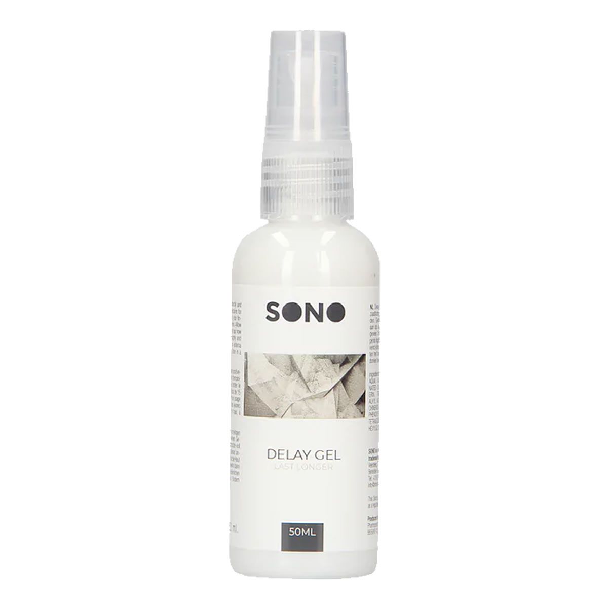 Weiße Flasche mit Zerstäuber. Aufschrift: SONO, DELAY GEL, 50ml.