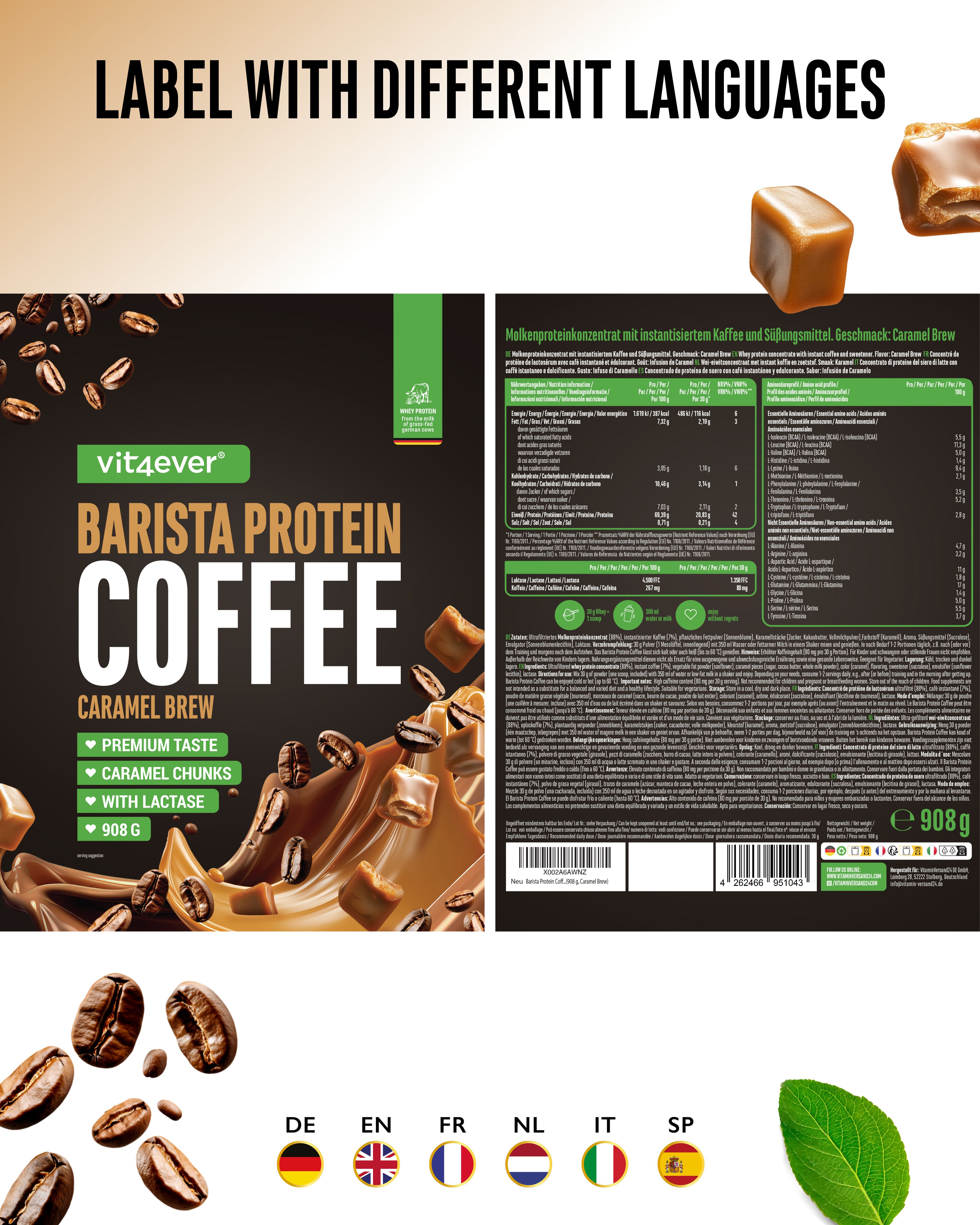 Verpackung "vit4ever Barista Protein Coffee" mit verschiedenen Sprachversionen. Auf der Rückseite Nährwertangaben und Zutatenliste.