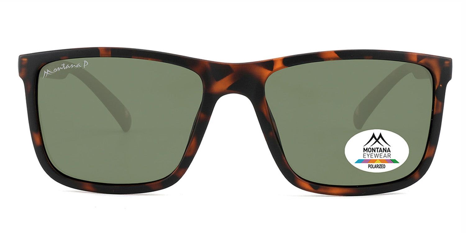 Sonnenbrille mit braunem Rahmen und grünen Gläsern. Auf dem rechten Glas befindet sich ein Aufkleber mit dem Logo von Montana Eyewear.