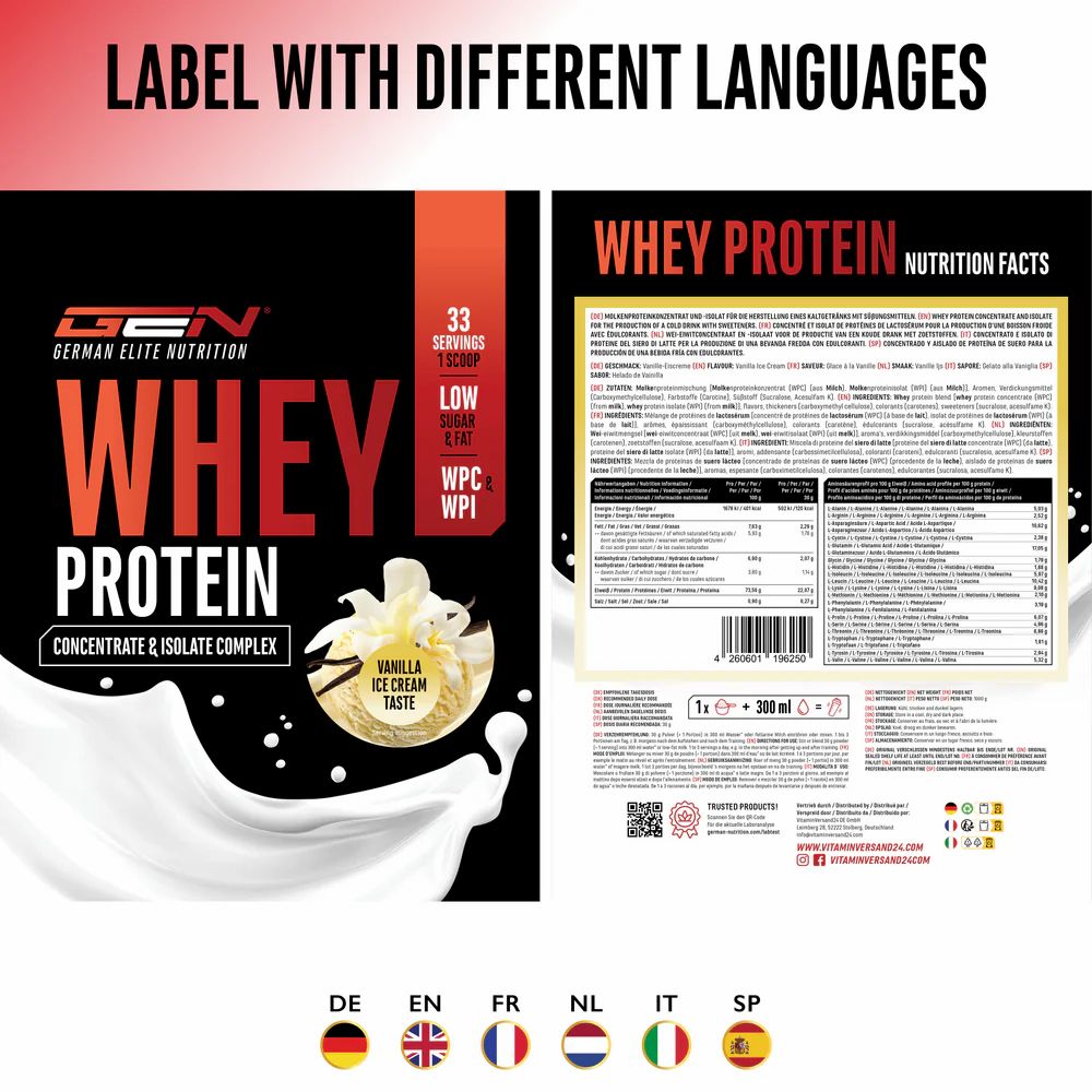 GEN Whey Protein Komplex. Verpackung mit Produktinformationen in verschiedenen Sprachen. Enthält 33 Portionen. Geschmack: Vanille.