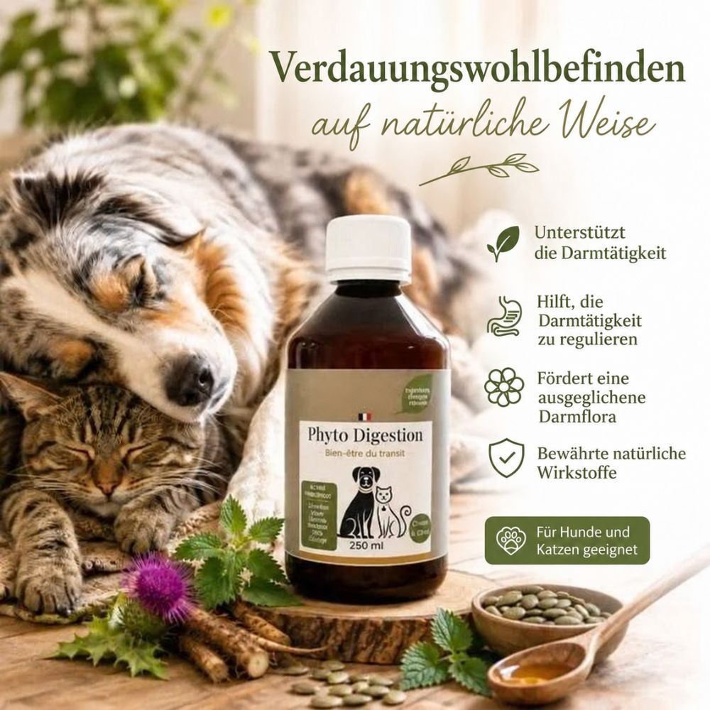 Braune Glasflasche mit weißem Verschluss, Etikett mit Hund- und Katzensilhouette, 250ml.