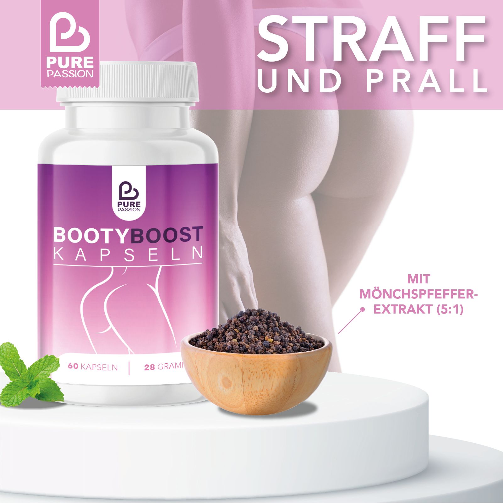 Pillenbehälter mit lila Etikett, Pure Passion Logo, Bootyboost Kapseln. Daneben eine Schale mit Pfefferkörnern und eine Minzblatt.