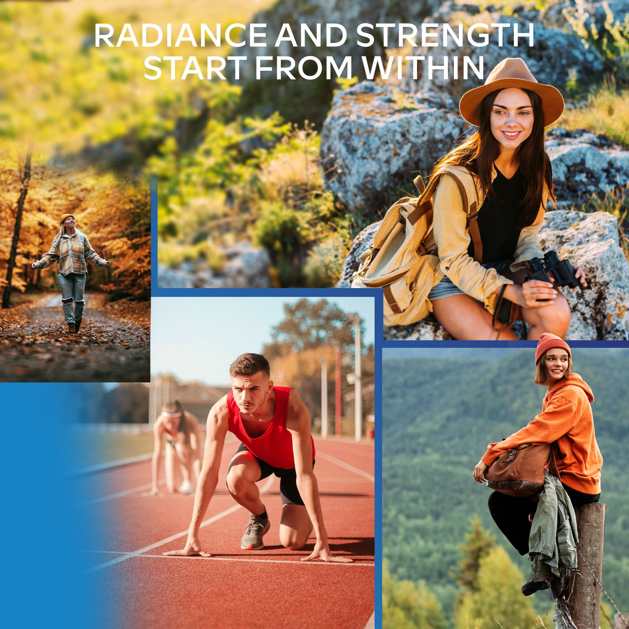 Collagen-Produkt. Bilder von Personen, die Sport treiben und die Natur genießen. Text: Strahlkraft und Stärke von innen.