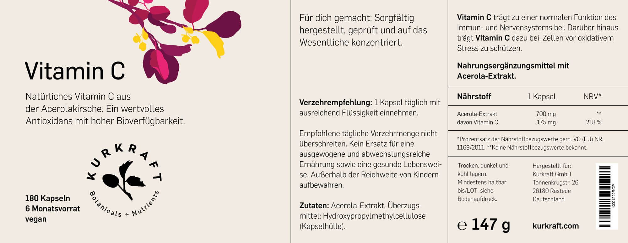 Etikett mit Produktinformationen. Vitamin C aus Acerola-Extrakt. 180 Kapseln, vegan. Kurkraft-Logo. Nährwertangaben.