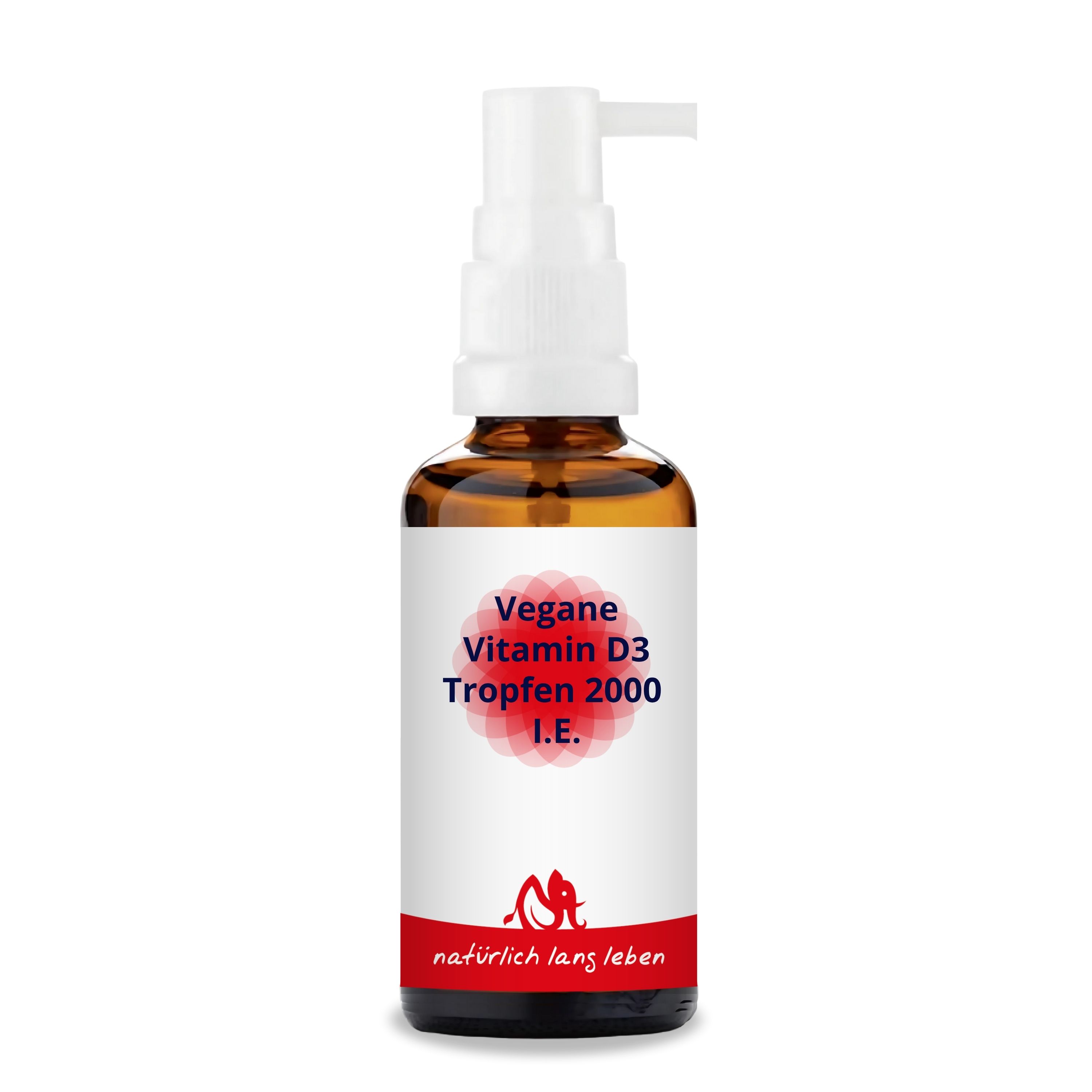 Braune Glasflasche mit weißem Pumpkopf. Etikett mit Produktinformationen und Logo. Roter Schriftzug: Vegane Vitamin D3 Tropfen 2000 I.E.