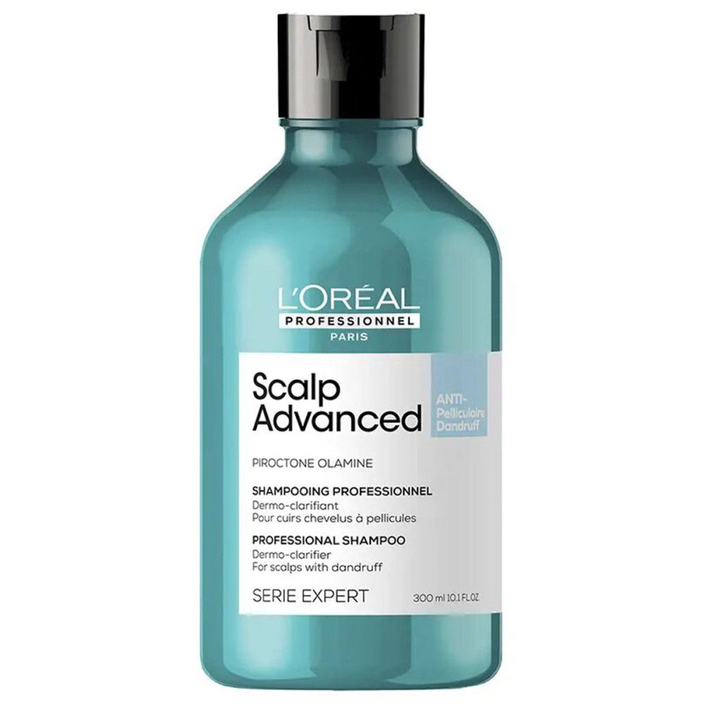 Türkisfarbene Shampoo-Flasche. Text: L'Oréal Professionnel, Scalp Advanced, Anti-Schuppen. 300 ml.