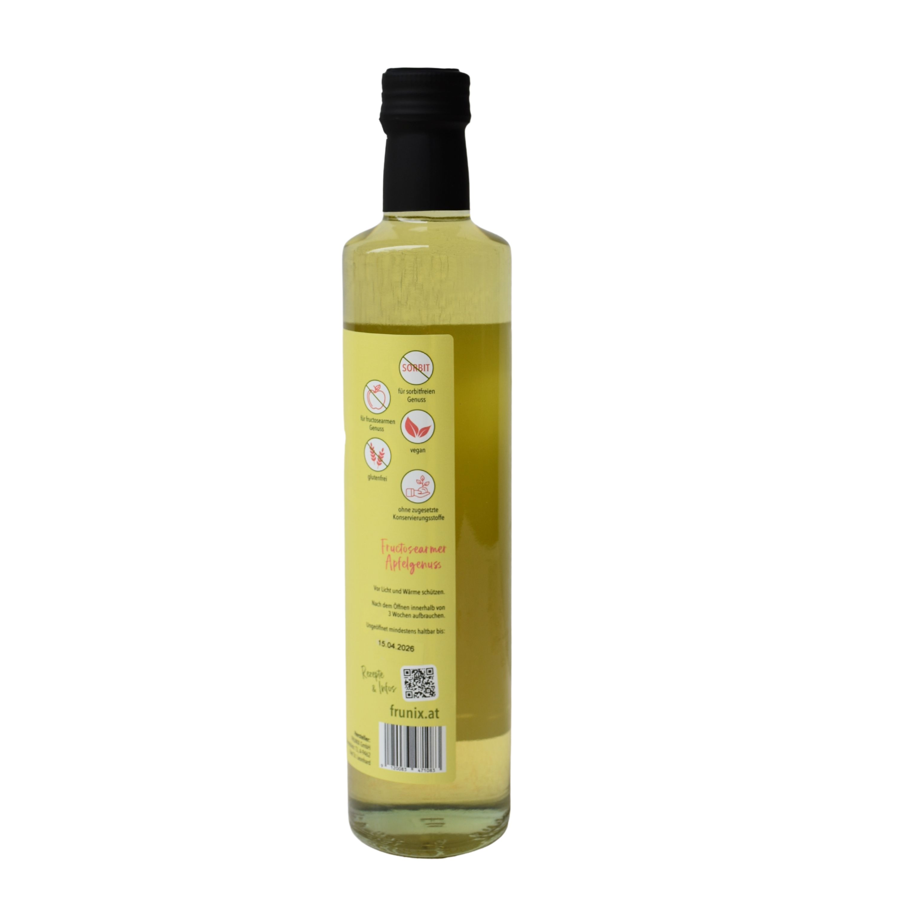 Glasflasche mit gelber Flüssigkeit und schwarzem Verschluss. Etikett mit Text und Symbolen. FRUNIX Apfelsirup.