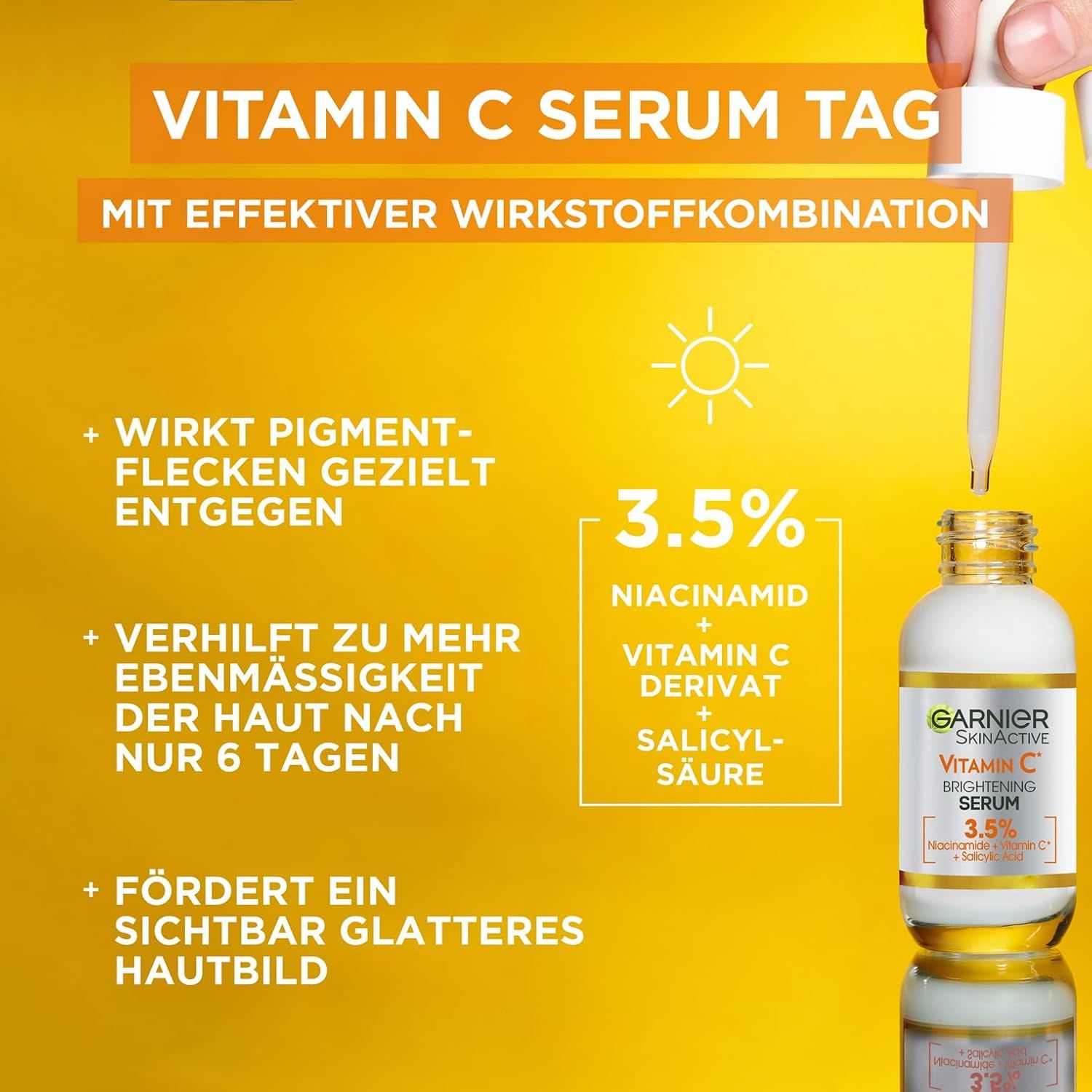 Garnier SkinActive Vitamin C Serum. Weiße Flasche mit Pipette. Text: '3.5% Niacinamid, Vitamin C Derivat, Salicylsäure'.