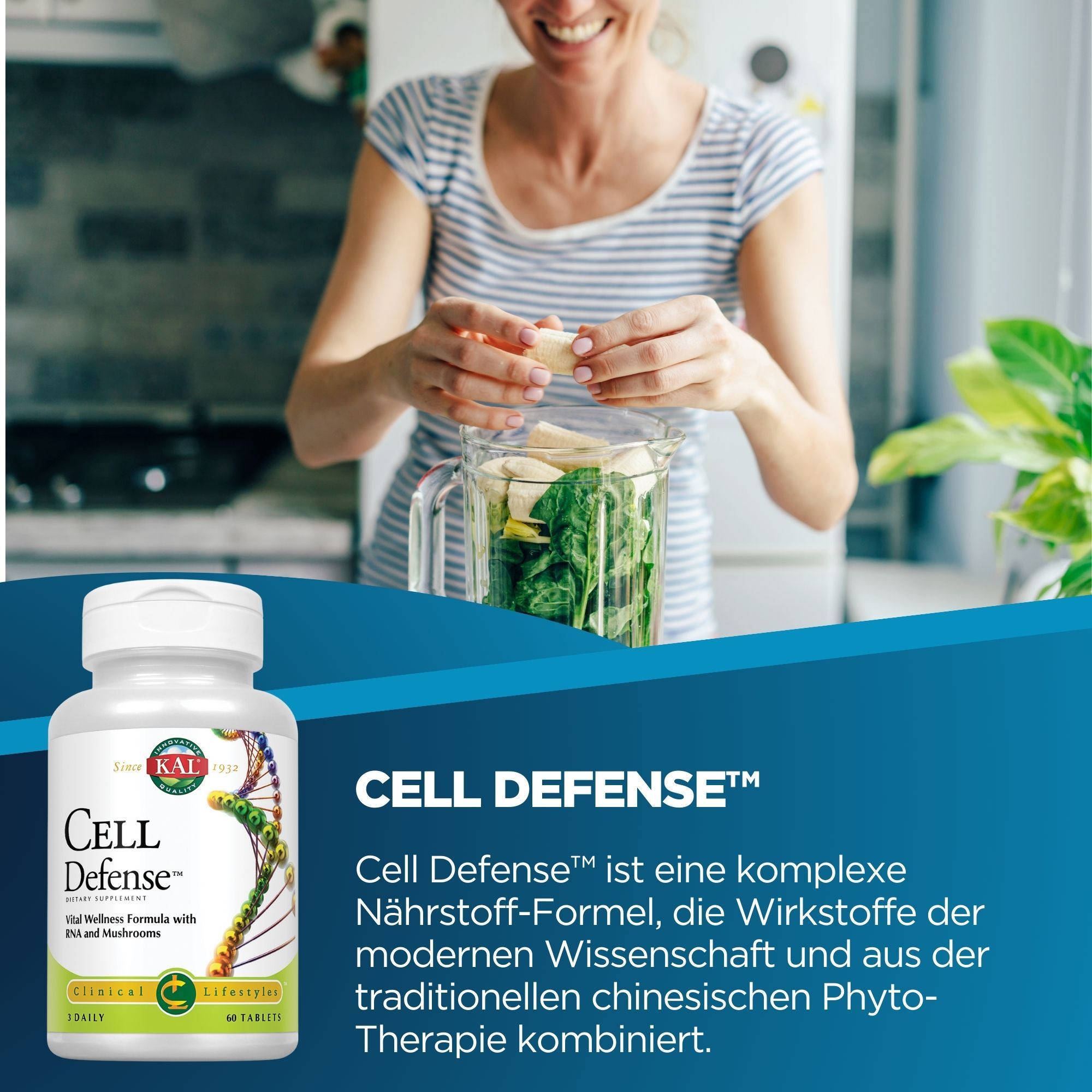 Weiße Flasche mit "Cell Defense"-Etikett. Frau bereitet Smoothie zu. Text: "Cell Defense".