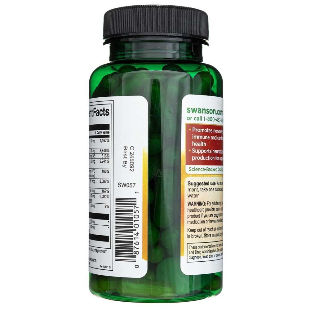 Seitenansicht der SWANSON Balance B-50 Complex Flasche mit Barcode und Produktinformationen.