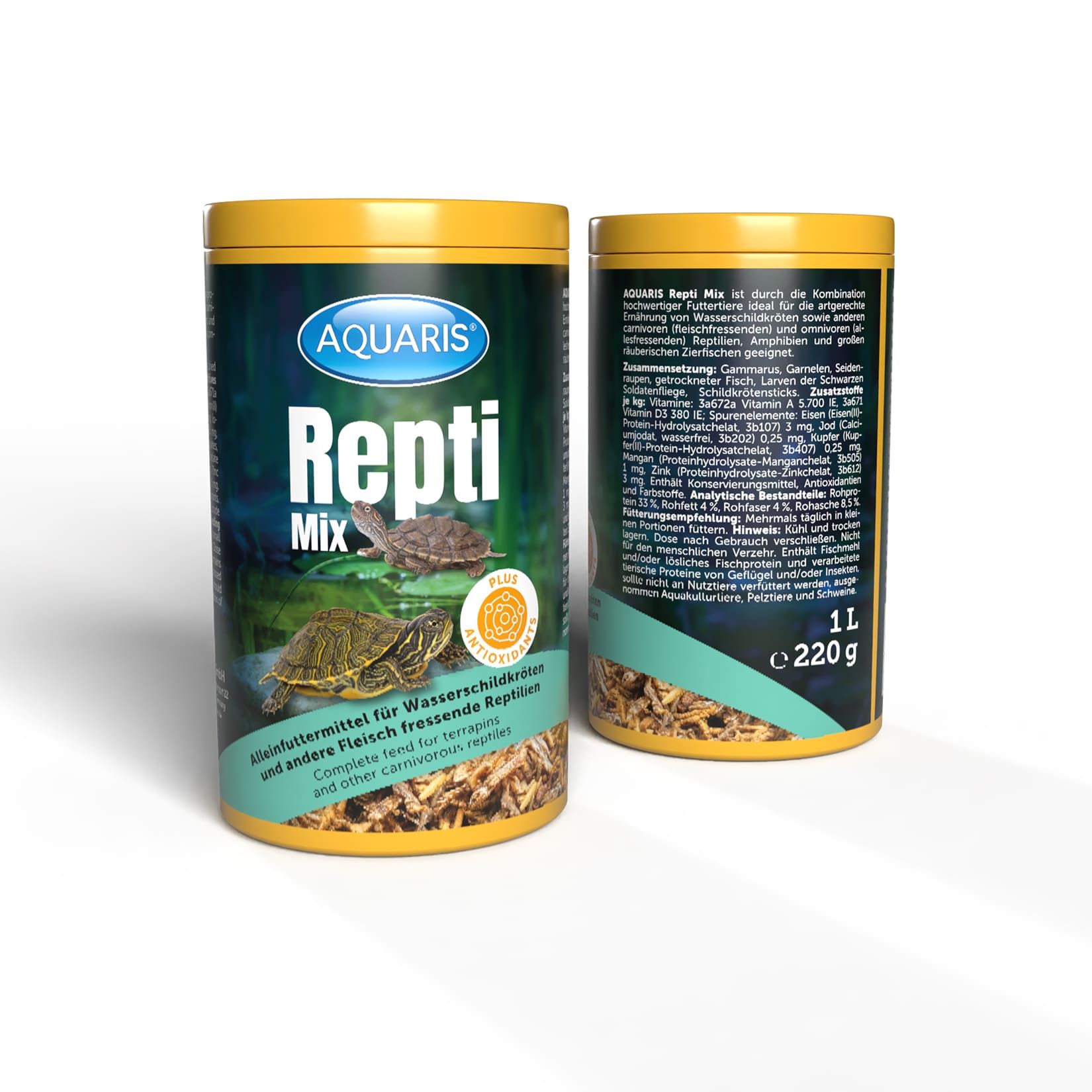 AQUARIS Repti Mix Dose. Zwei Dosen mit gelbem Deckel. Aufschrift AQUARIS, Repti Mix und Schildkröten.