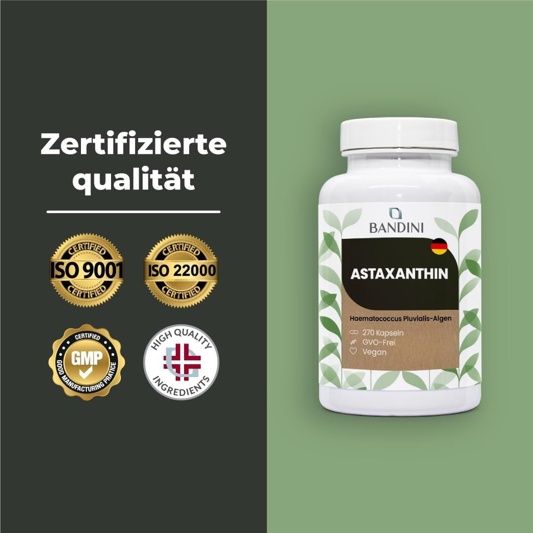 Weiße Flasche mit Astaxanthin Kapseln. Aufschrift: Zertifizierte Qualität. ISO 9001, ISO 22000, GMP, High Quality Ingredients.