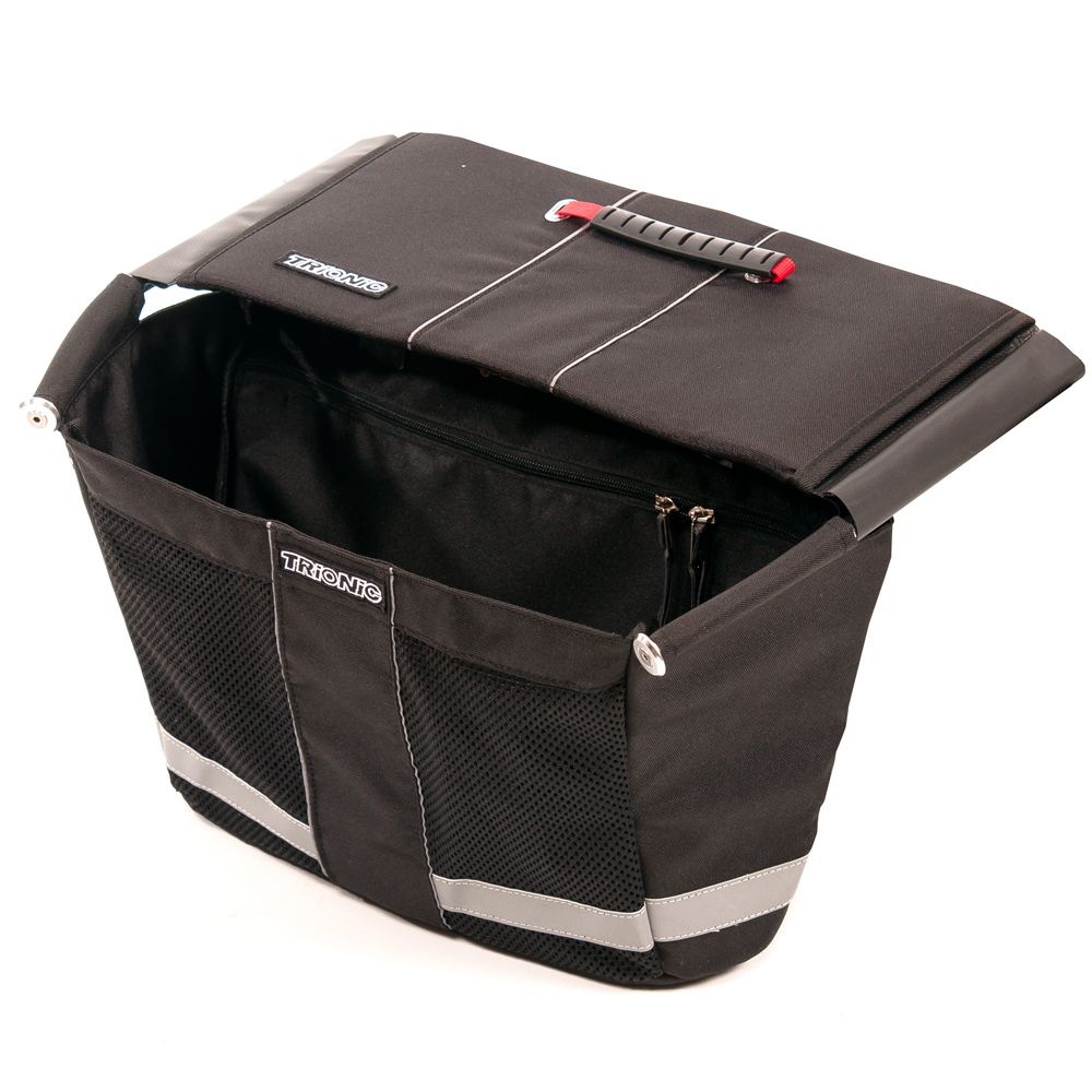 Schwarzer Korb für Trionic Walker 9er. Mit schwarzem Netz, Reflektoren und Trionic-Logo. Deckel mit Griff.