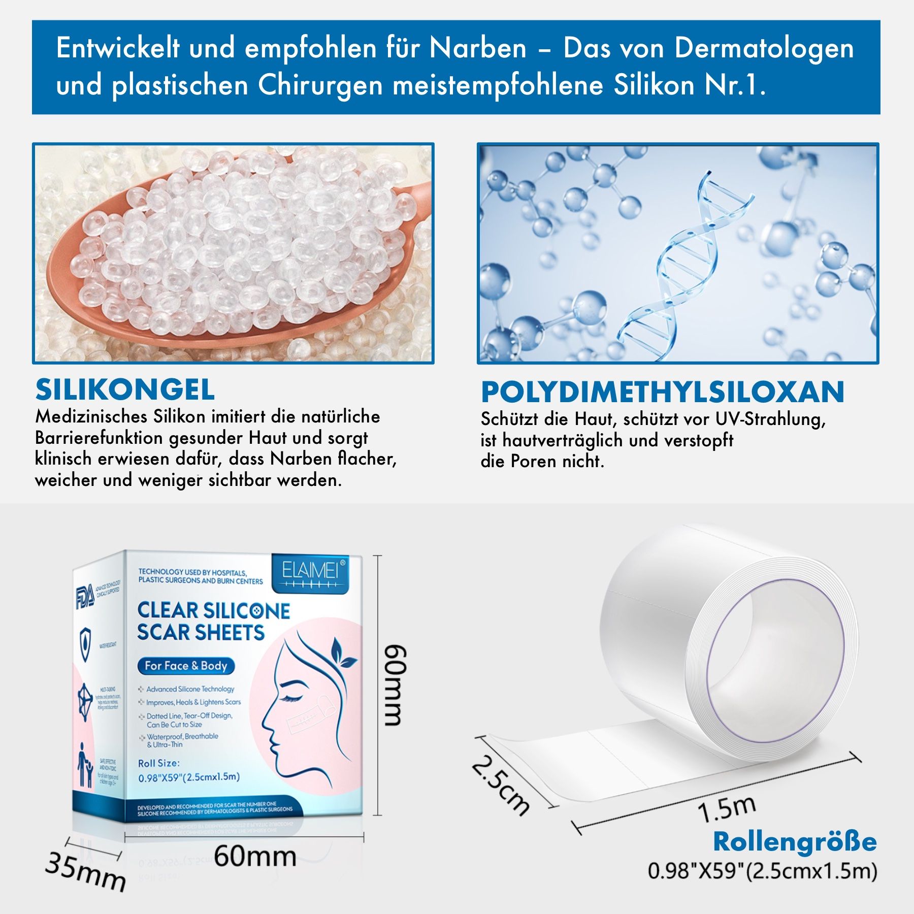 Produktrolle, Verpackung und Diagramm. Text: Entwickelt für Narben. ELAIMEI Clear Silicone Scar Sheets. Abmessungen.