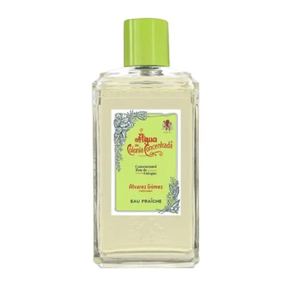 Alvarez Gómez Eau de Cologne Flakon. Grün-weißes Etikett, grüne Kappe. Aufschrift: Eau Fraîche.