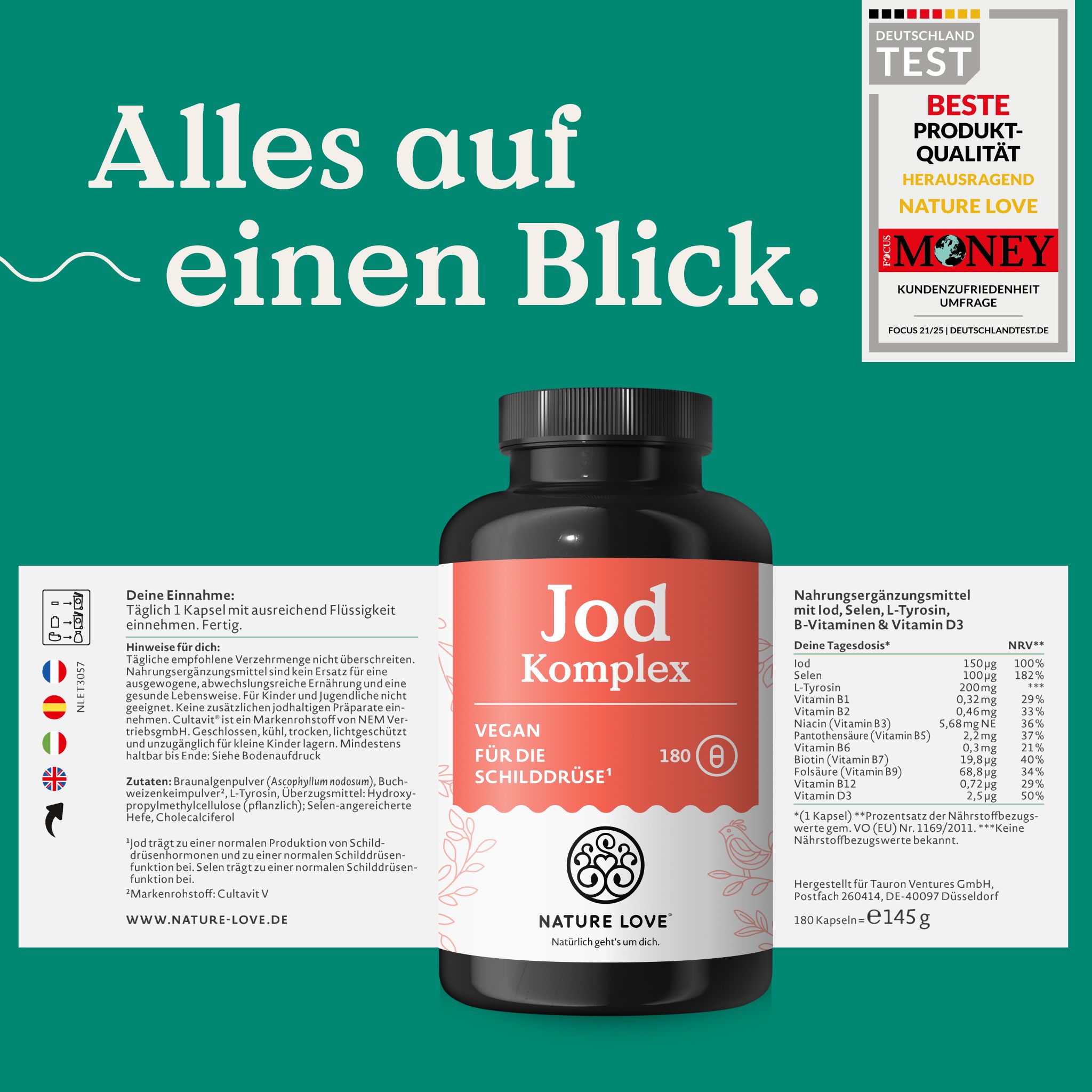 Flasche 'Jod Komplex'. Enthält Nährwertangaben und Einnahmeempfehlungen. 180 Kapseln.
