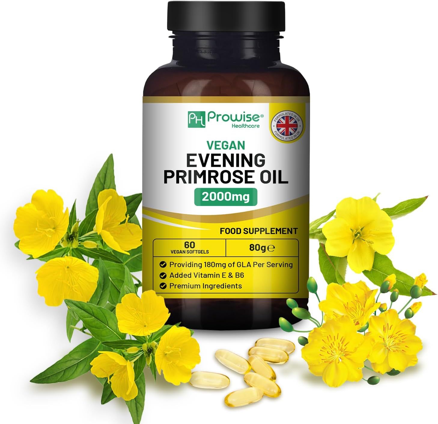 Flasche mit gelbem Etikett, umgeben von Blüten und Kapseln. "Vegan Evening Primrose Oil 2000mg" ist sichtbar.