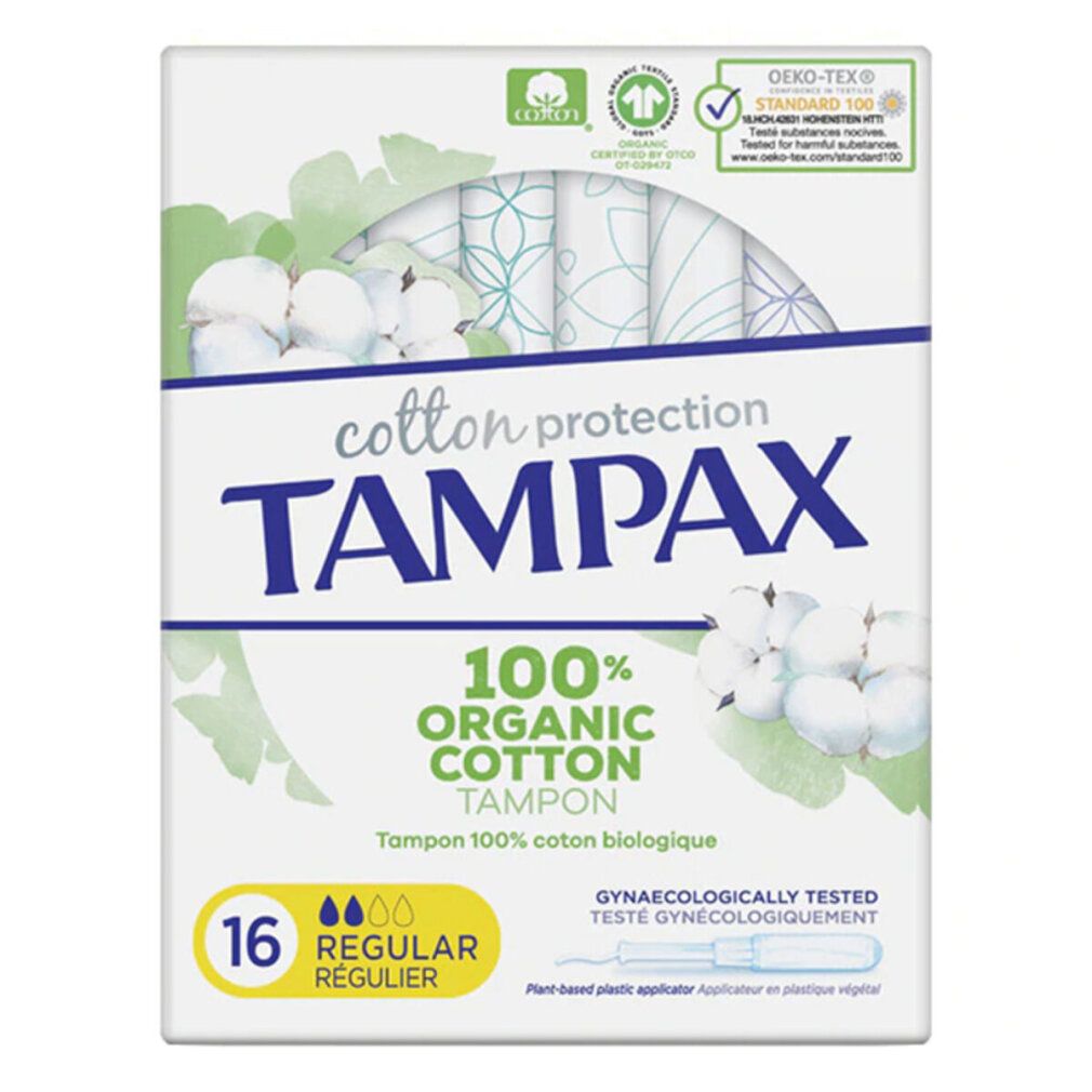 Verpackung mit 16 Tampax Organic Regular Tampons. 100% Bio-Baumwolle. Gynäkologisch getestet. Mit Applikator.