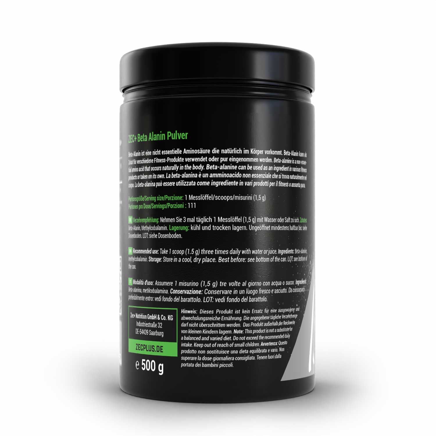Schwarze Dose mit Text. Produktname "ZEC+ Beta Alanin Pulver". Text mit Anweisungen und Inhaltsangaben. Gewicht: 500 g.