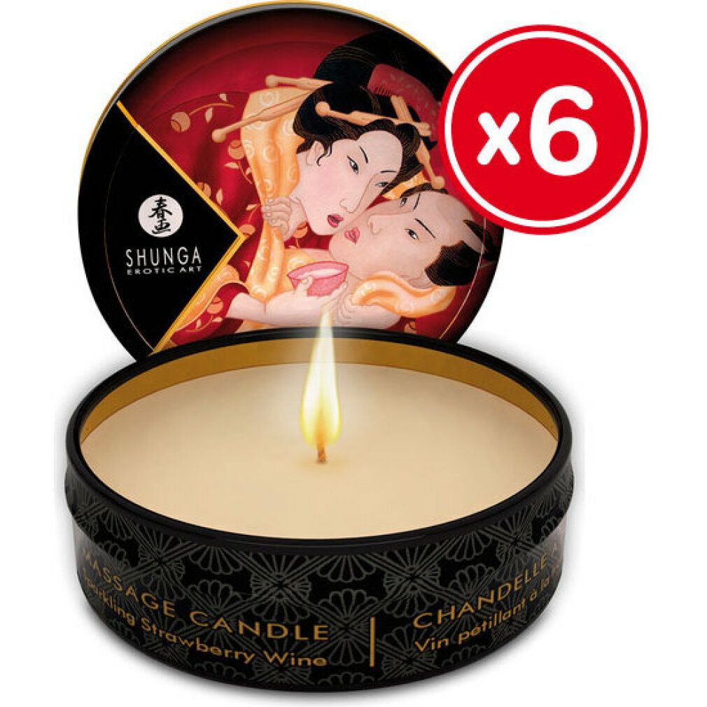 Shunga Massagekerze Romance/Sparkl. Erdbeerwein, 6 Stück. Mit Flamme.
