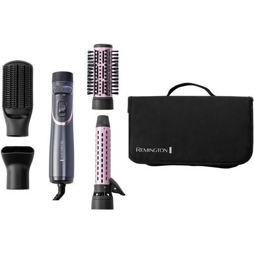 Haarstyler mit Aufsätzen und Tasche. Aufsätze: Bürste, Föhndüse, Rundbürste, Lockenstab. Schwarze Tasche mit Remington-Logo.