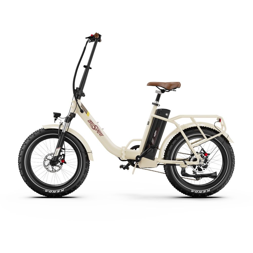 Faltbares E-Bike, cremefarben, brauner Sattel, schwarze Reifen. Marke ONESPORT. Mit Gepäckträger und Akku.