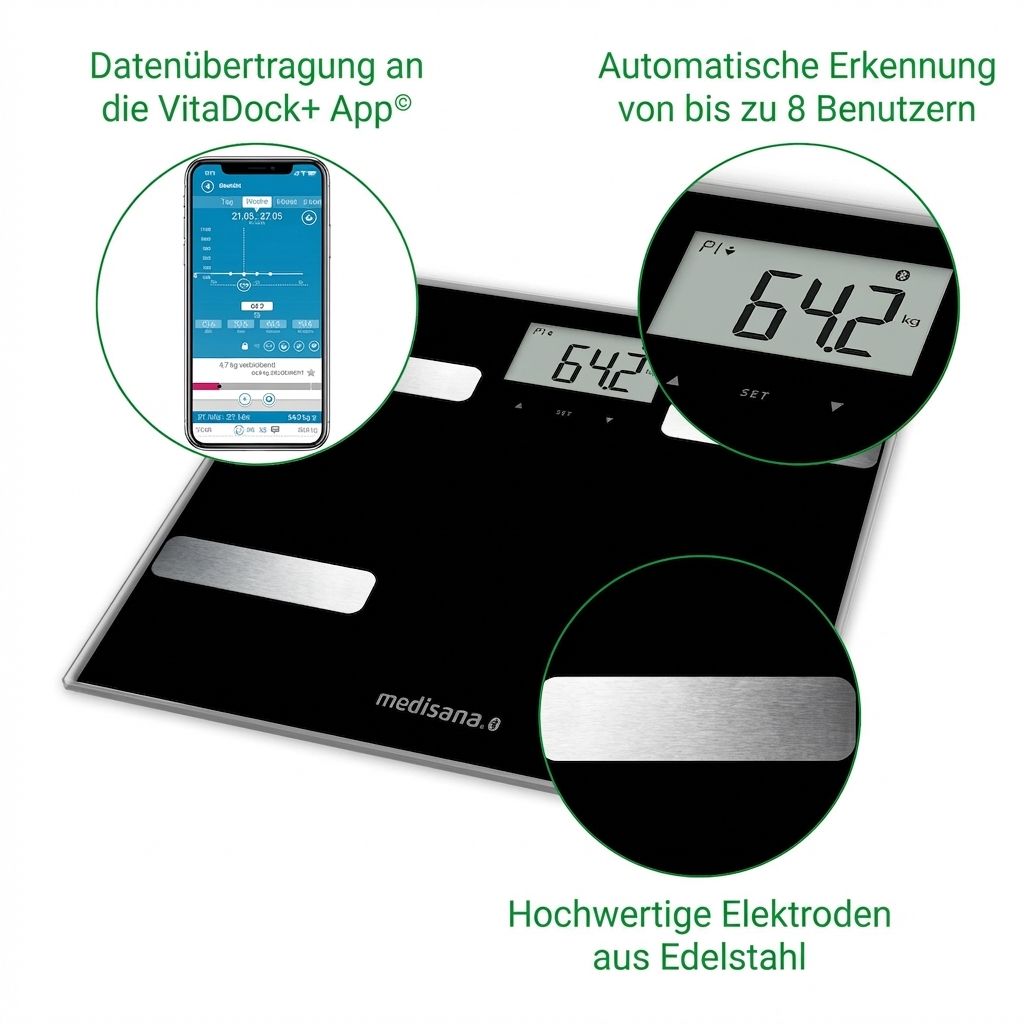 Schwarze Körperanalysewaage mit silbernen Elektroden, LCD-Display und Smartphone-App-Anzeige.