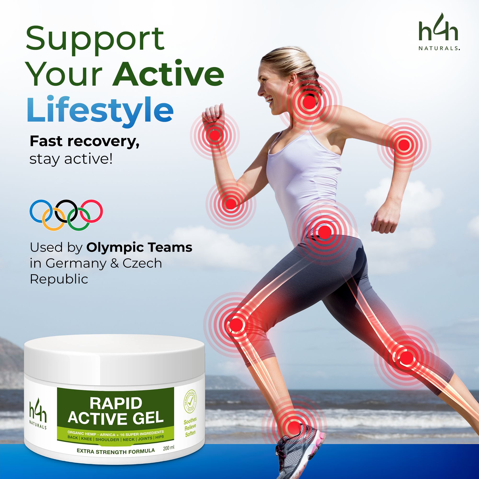 Weißes Tiegel mit grünem Etikett. Text: Rapid Active Gel. Frau rennt. Rote Kreise um Gelenke. Olympische Ringe. Text: Olympic Teams.