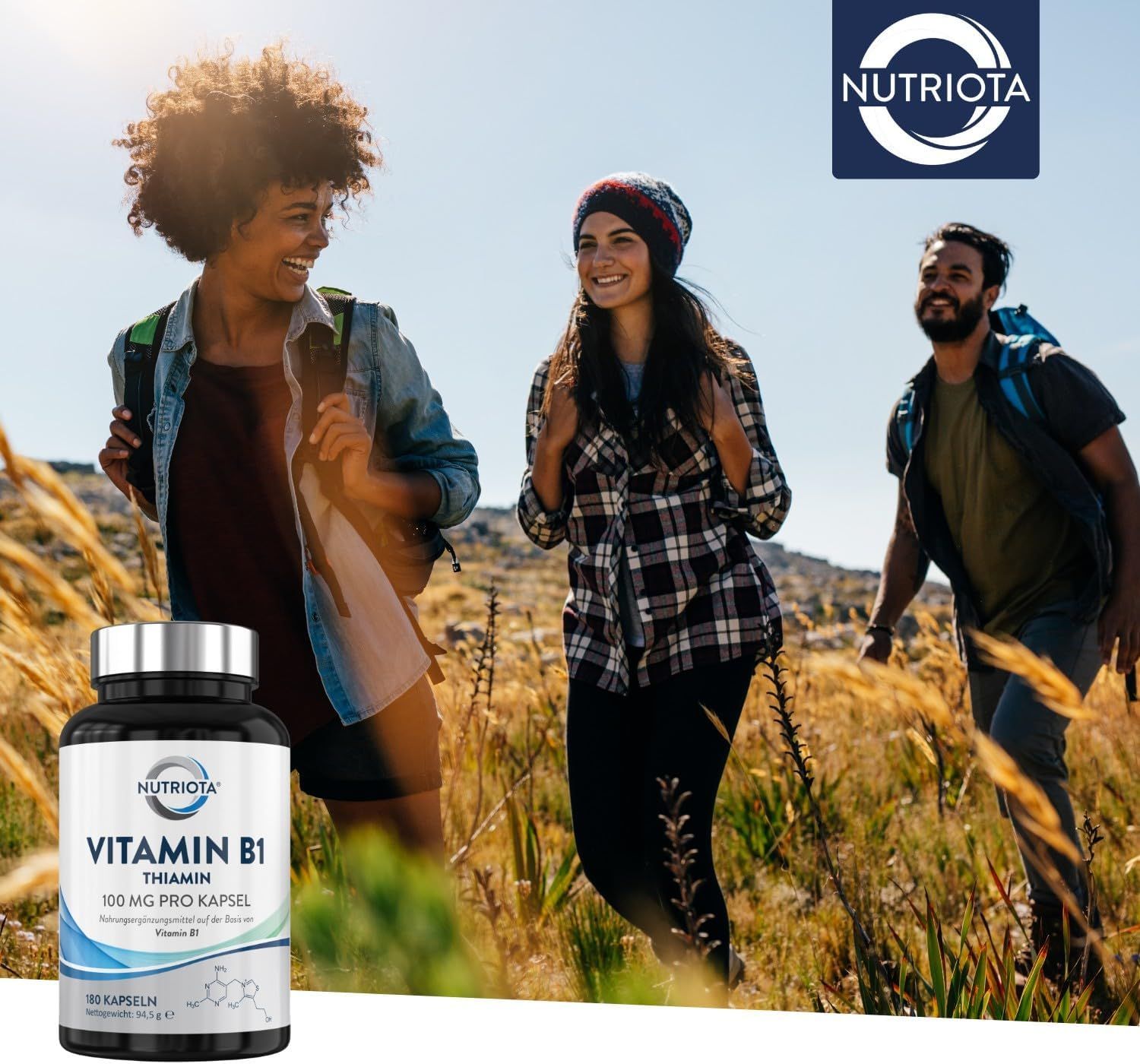 Flasche mit 180 Kapseln Vitamin B1 Thiamin von Nuriota, 100 mg pro Kapsel.