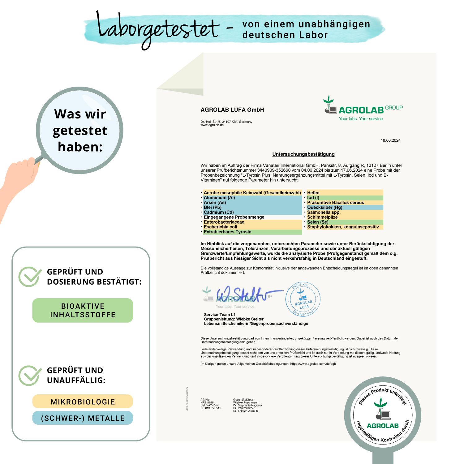 Laborbericht. Bestätigung: Bioaktive Inhaltsstoffe, Mikrobiologie (Schwermetalle). Prüfsiegel: Geprüft und Dosierung bestätigt.