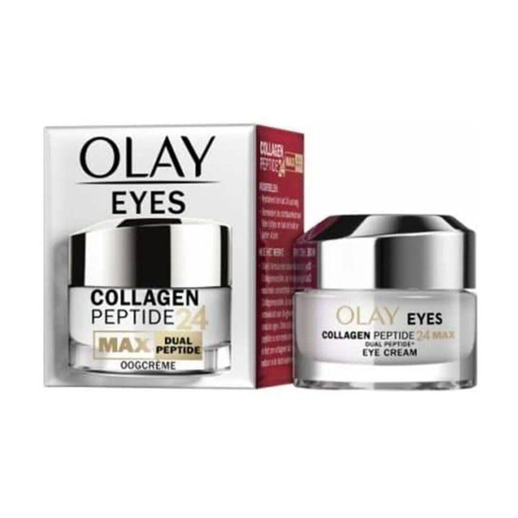 Olay Eyes Collagen Peptide 24 Max Augencreme. Produkt und Verpackung. Weißes Glas, silberner Deckel. Text: Collagen Peptide 24 Max.