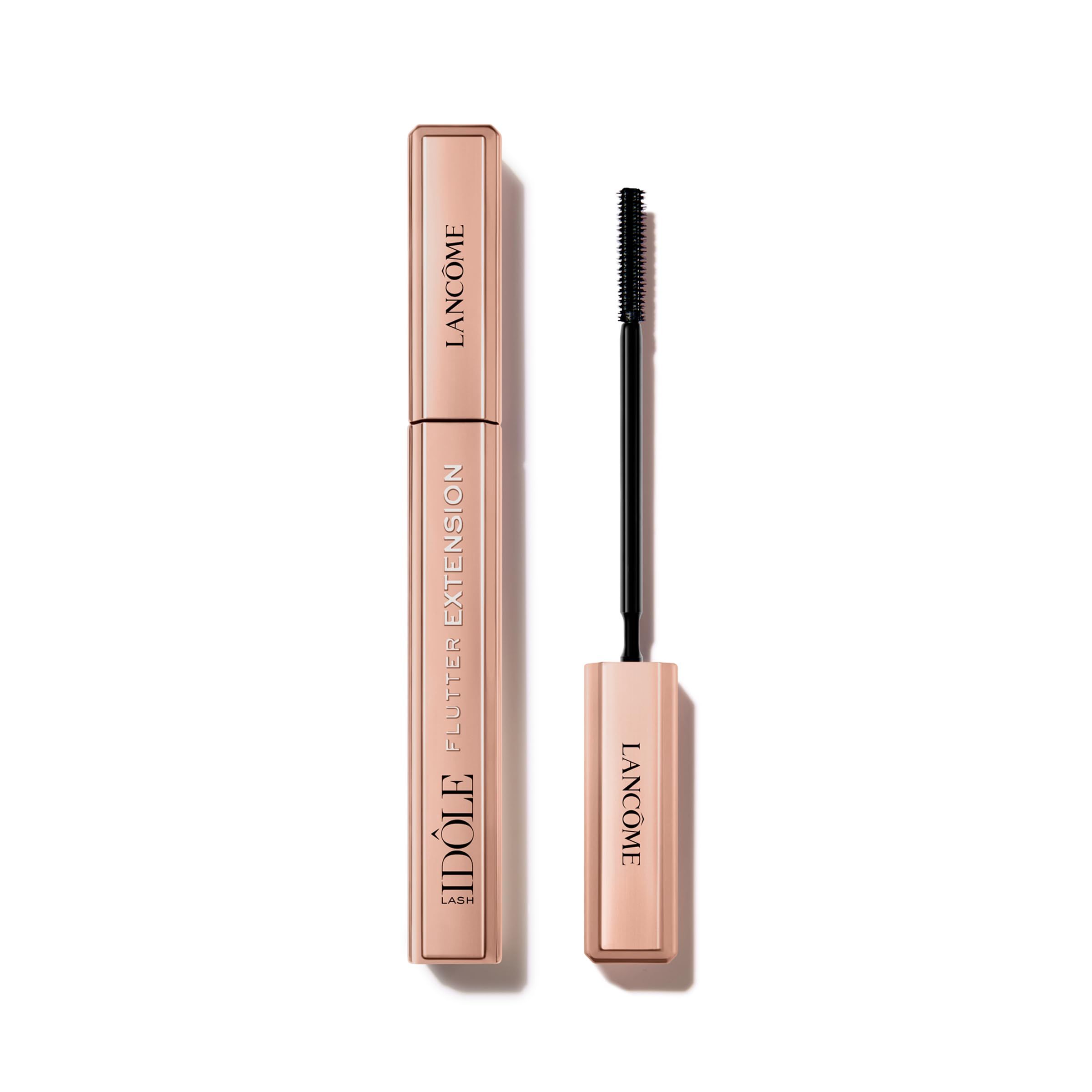 Lancôme Idôle Lash Flutter Extension Mascara. Rosa-goldene Hülle und Bürste. Schwarze Mascara.