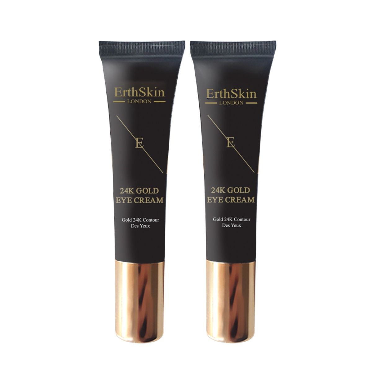 Zwei Tuben Augencreme. Schwarze Tuben mit goldfarbenen Kappen. Text: ErthSkin London, 24K Gold Eye Cream.