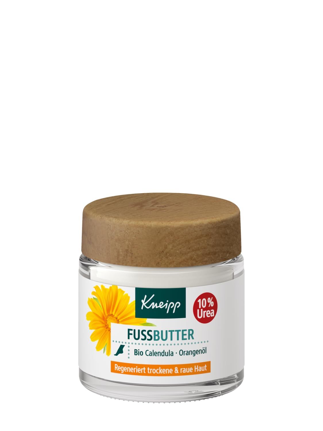 Glas mit Fussbutter und Holzdeckel. Aufschrift: Kneipp, Fussbutter, 10% Urea, Bio Calendula, Orangenöl. Regeneriert trockene & raue Haut.