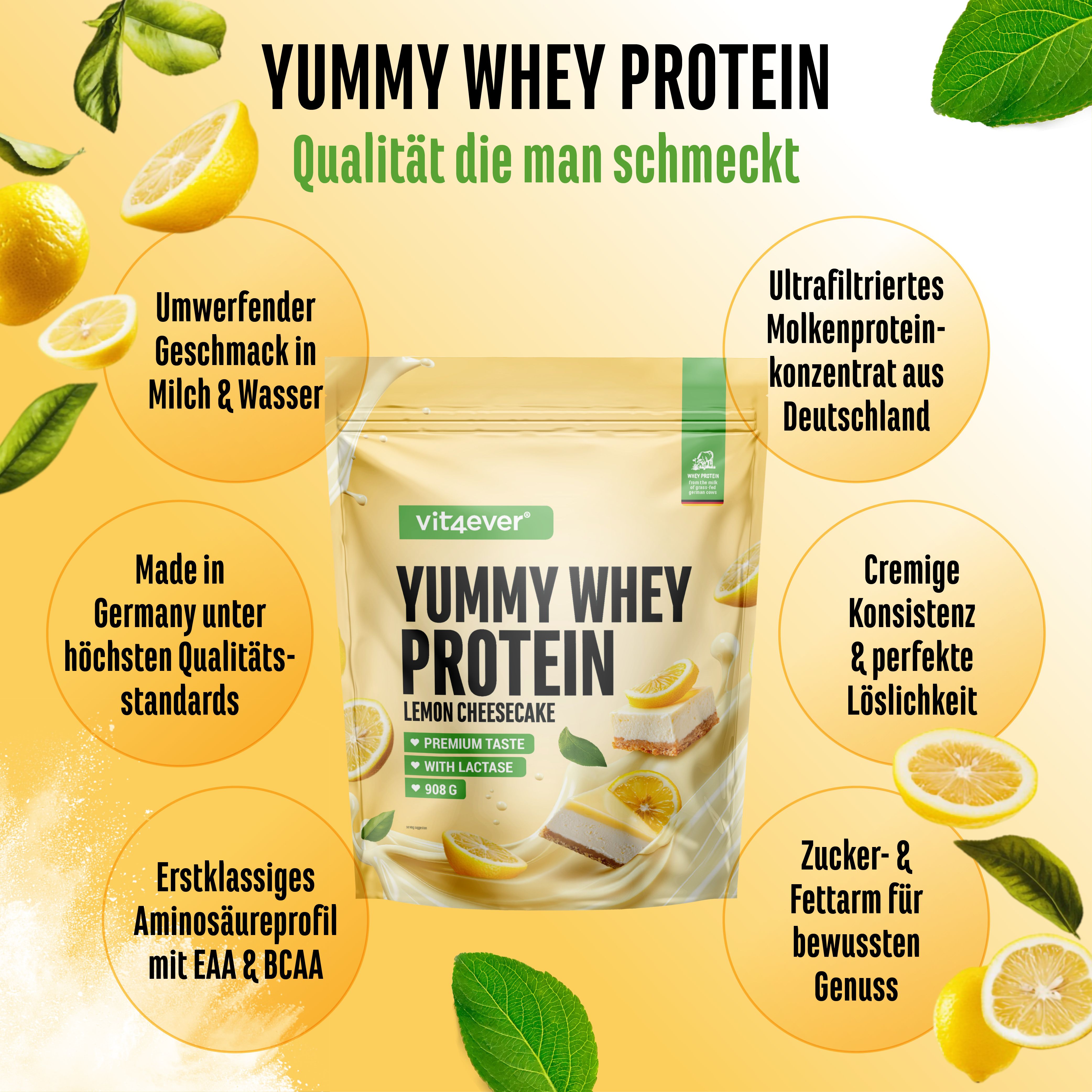 Beutel "vit4ever Yummy Whey Protein Lemon Cheesecake". Mit Zitronen und Infografiken zu Inhaltsstoffen und Eigenschaften.