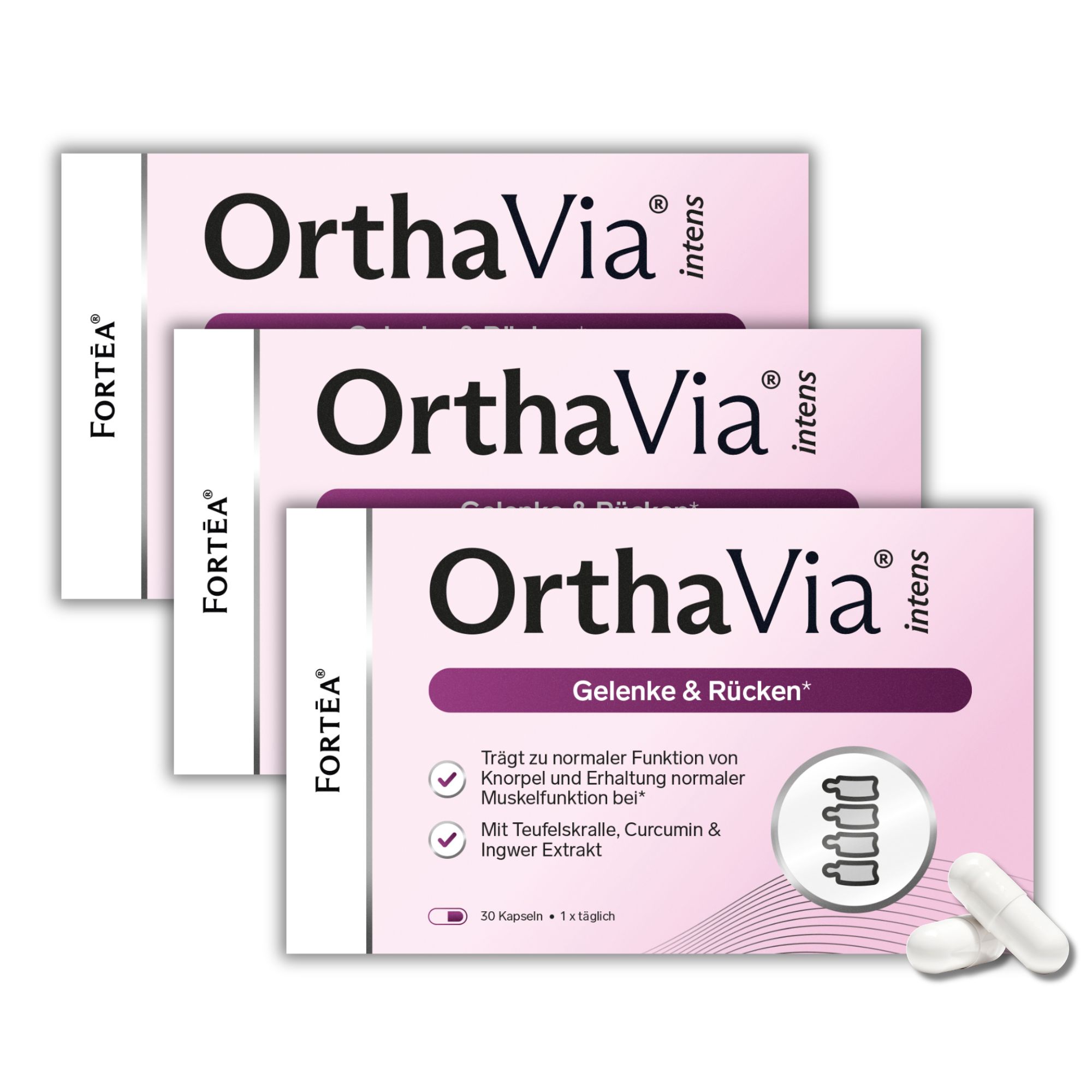 Drei Packungen FORTEA® OrthaVia® intens Gelenke & Rücken. Rosa Verpackung mit weißen Kapseln.